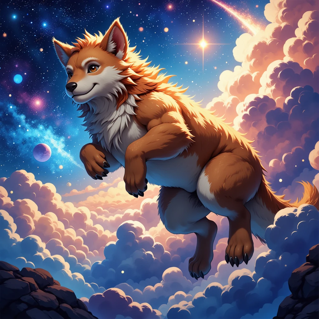 a portrait of a furry creature in space, detailed watercolor style, spectacular colors of the universe, looking slightly to the side, best quality, 4k, 8k, highres, masterpiece, ultra-detailed, realistic, photo-realistic