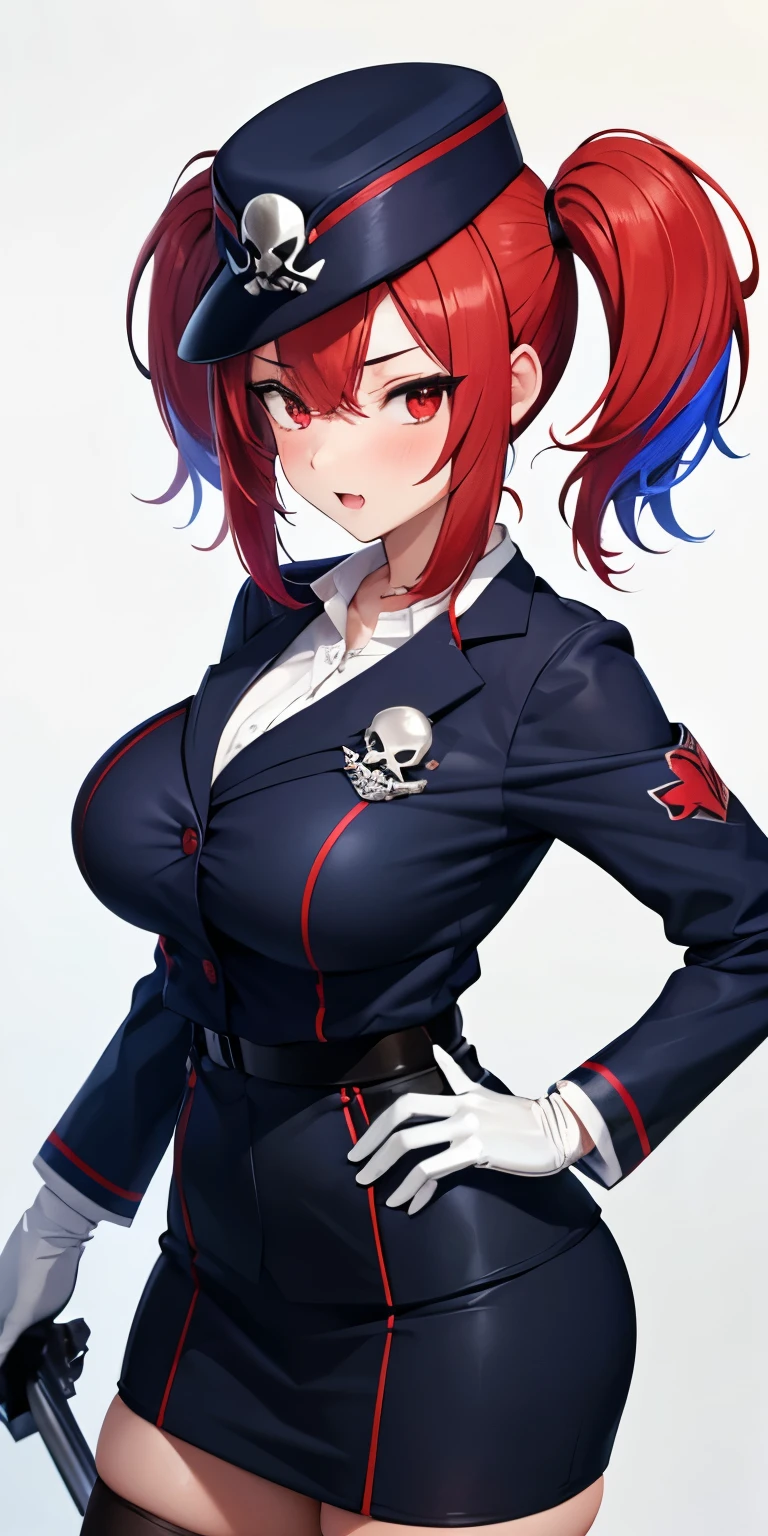 1 Female,High definition,high resolution,Ultra-realistic,8K, 1girl, solo, red hair, red eyes, twintails, employee uniform, pencil skirt, skull print, navy cap, fang, black legwear, white gloves, large breasts,European,sexy,Upper body close-up,Photographed from the front,Dynamic Angles,(blush), (medium tits) , multicolored hair 