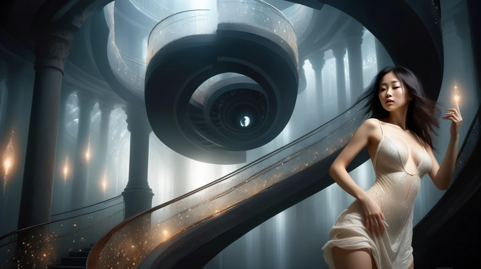 (Wide and low angle view). Ryoji Ikeda Style, fantasy arts, floating staircase to unknown uninhabited surreal dimension, beautiful curves and spirals, portals, a sci-fi dark scene in the background. A female sorcerer, (wearing a transparent:0.8 ivory flowing stunning sleeveless sling backless deep-v one-piece short:0.1 loose princess dress), in dark background. (1girl, solo, alone), photorealistic, large-breast:1.4 slim:0.5 body, (detailed oval:0.4 face, strong light on face), side boob, cleavage:1.1, white laced G-string micro panty, (black micro sunglasses), (((((releasing magical power with a little floating glowing crystal stone))))), (looking at camera), dynamic hip-up running pose, ((half-body thigh level close-up:1.9 shot)) in the foreground, cinematic lighting, ray tracing, dark background.