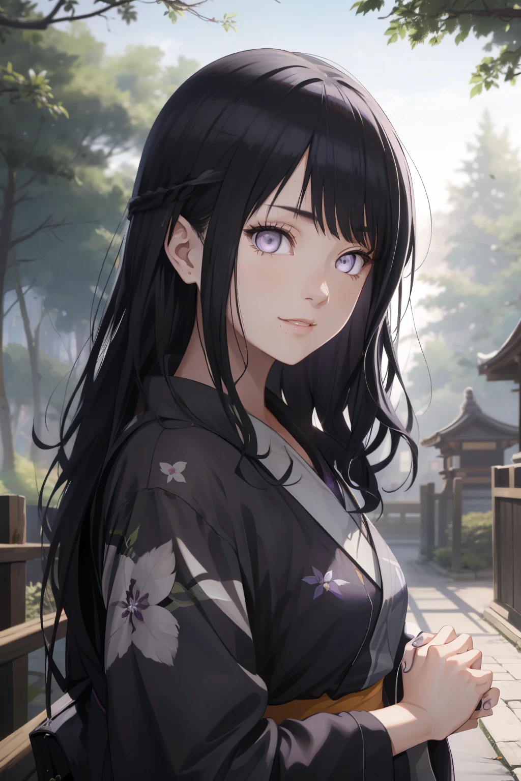 (((woman))), ((20 years old)), ((masterpiece)),(best quality),extremely detailed CG,unity 8k wallpaper,ultra detailed,beautiful detailed eyes,extremely detailed face, ((vestindo um yukata, festival de inverno, muitas luzes)), 1girl,solo,upper body,(portrait:1.5),looking at viewer,facing viewer,anime coloring,smile,black hair,sidelocks,blunt bangs,purple eyes,white eyes,no pupils,hinata(shippuden), ((hiori kazano)), idolmaster, ((long hair)), (sweet woman), manwha style, cowboy shot, looking backwards,