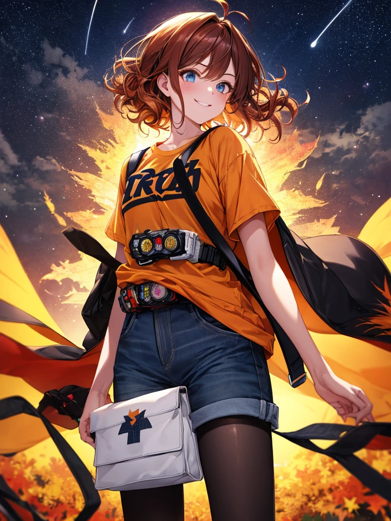 (masterpiece), best quality, expressive eyes, highres, perfect eyes, 1girl, perfect face, perfect hands, standing, rider belt, 1girl, auburn hair, perfect anatomy, medium hair, auburn hair, tomboy, chuunibyou, mythology, toned body, strong, confident, friendly, t- shirt, golden eyes, messy hair, crazy hair, city background, heroic, half body, cowboy shot, night time, stars, night sky, hands in pockets, wind, windy, pantyhose, denim shorts, jacket, autumn, autumn colors, light colored clothes, super hero, posing, kamen rider, henshin, smile, happy, loose shirt, long shirt, hand bag, holster, phoenix motif, auburn hair, Multicolored Hair, Hair Over Shoulder, night time background, orange colored inner hair, hands in pockets, single belt,