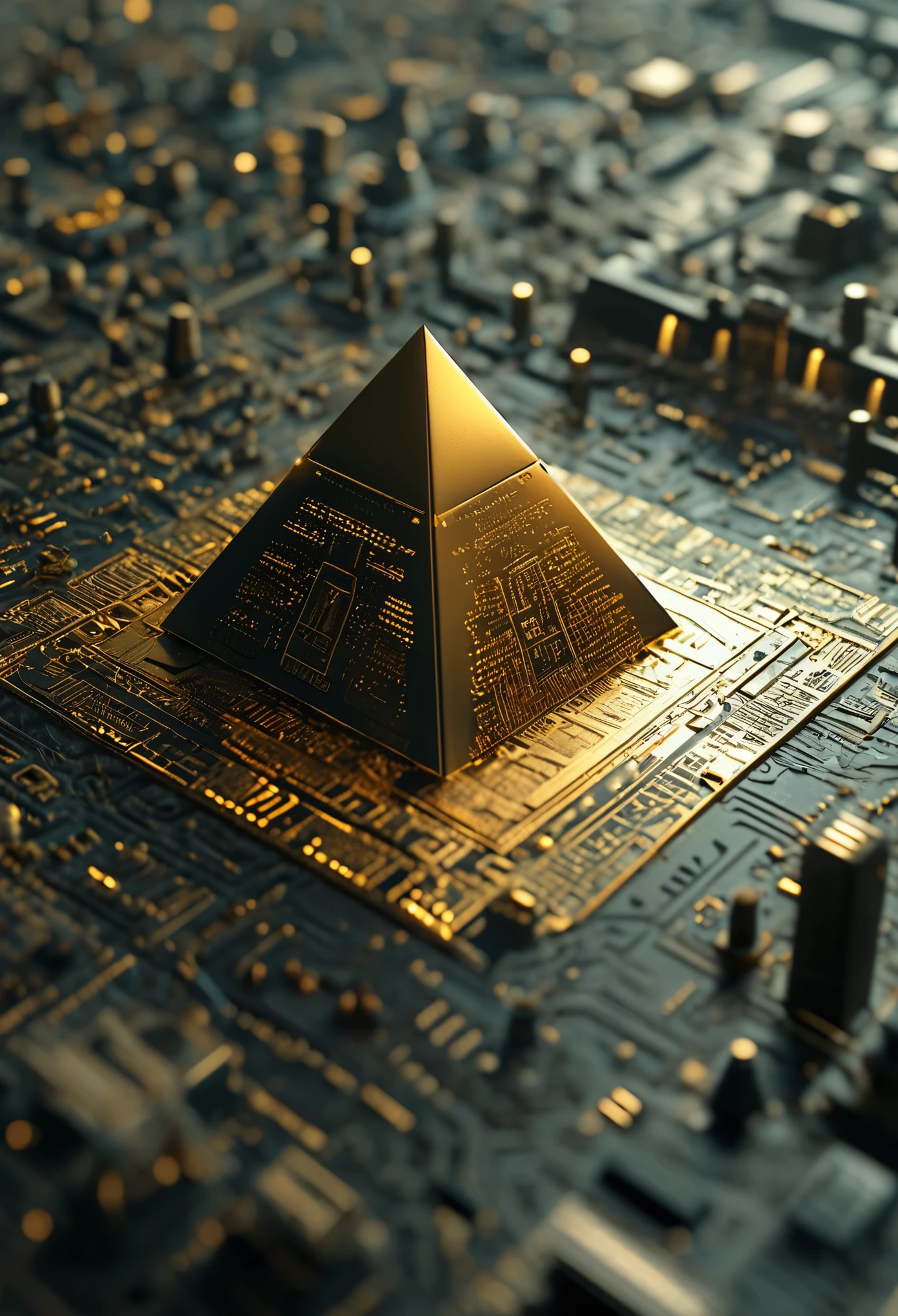 a pyramid circuit board, ((focused)), highly detailed, ultra-realistic, 8k, photorealistic, cinematic lighting, dramatic shadows, intricate circuitry, electronic components, egyptian motifs, ancient hieroglyphics, gold accents, metallic textures, moody atmosphere, dramatic composition