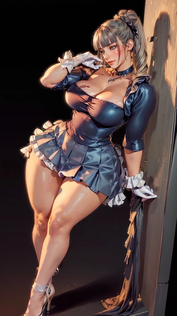 1girl, cute, ((long light blue hair, high ponytail hair, slicked back hair:1.1 girl)), maid victorian, maid apron, straight face, dazed, Body position: Standing, straight, symmetrical, barefoot, Lustful smile on face with red blush,