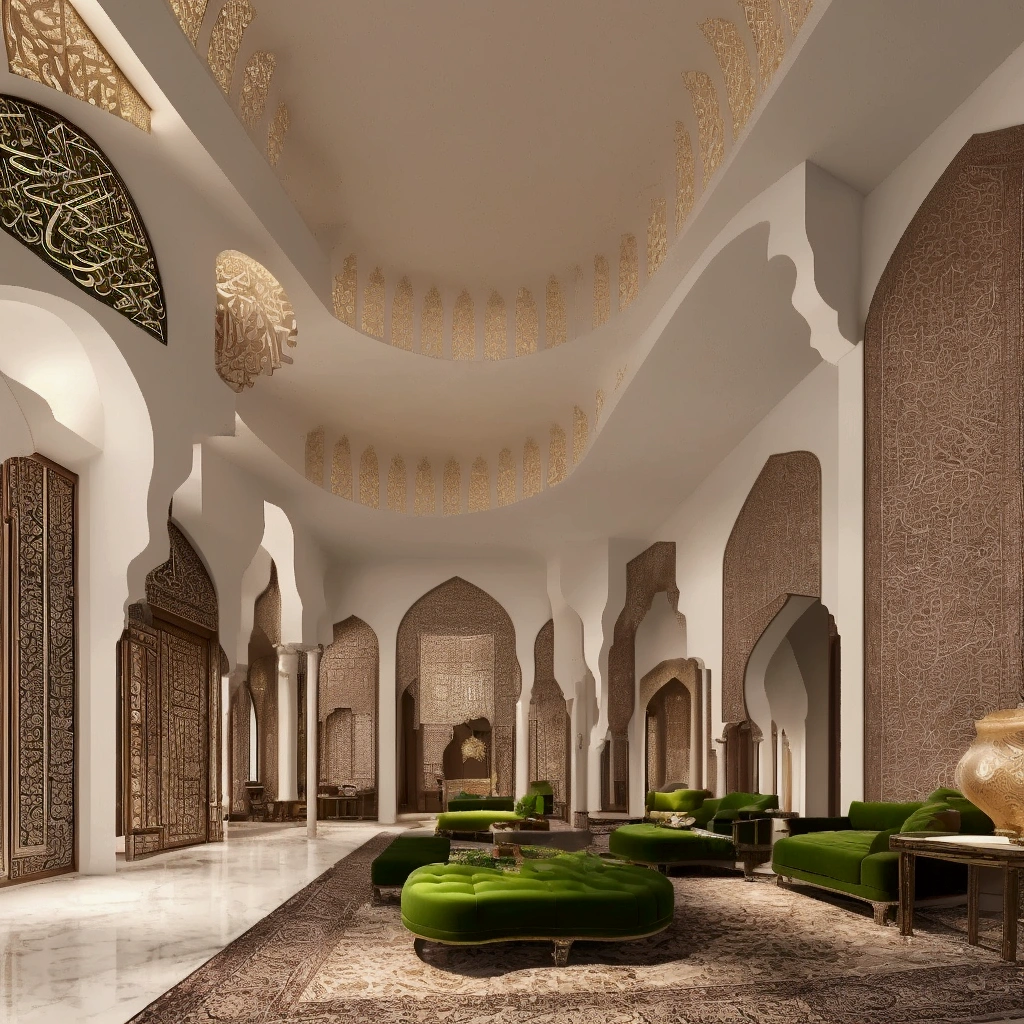 A beautifully detailed bedroom modern mosque interior, intricate arabesque patterns, soft lighting from stained glass windows, large glass window with beautiful landscape, rich green and red colors, one big TVs , detailed calligraphy, serene and calming atmosphere, one sofa, photorealistic, 8k, ultra-detailed, masterpiece, professional lighting, vivid colors