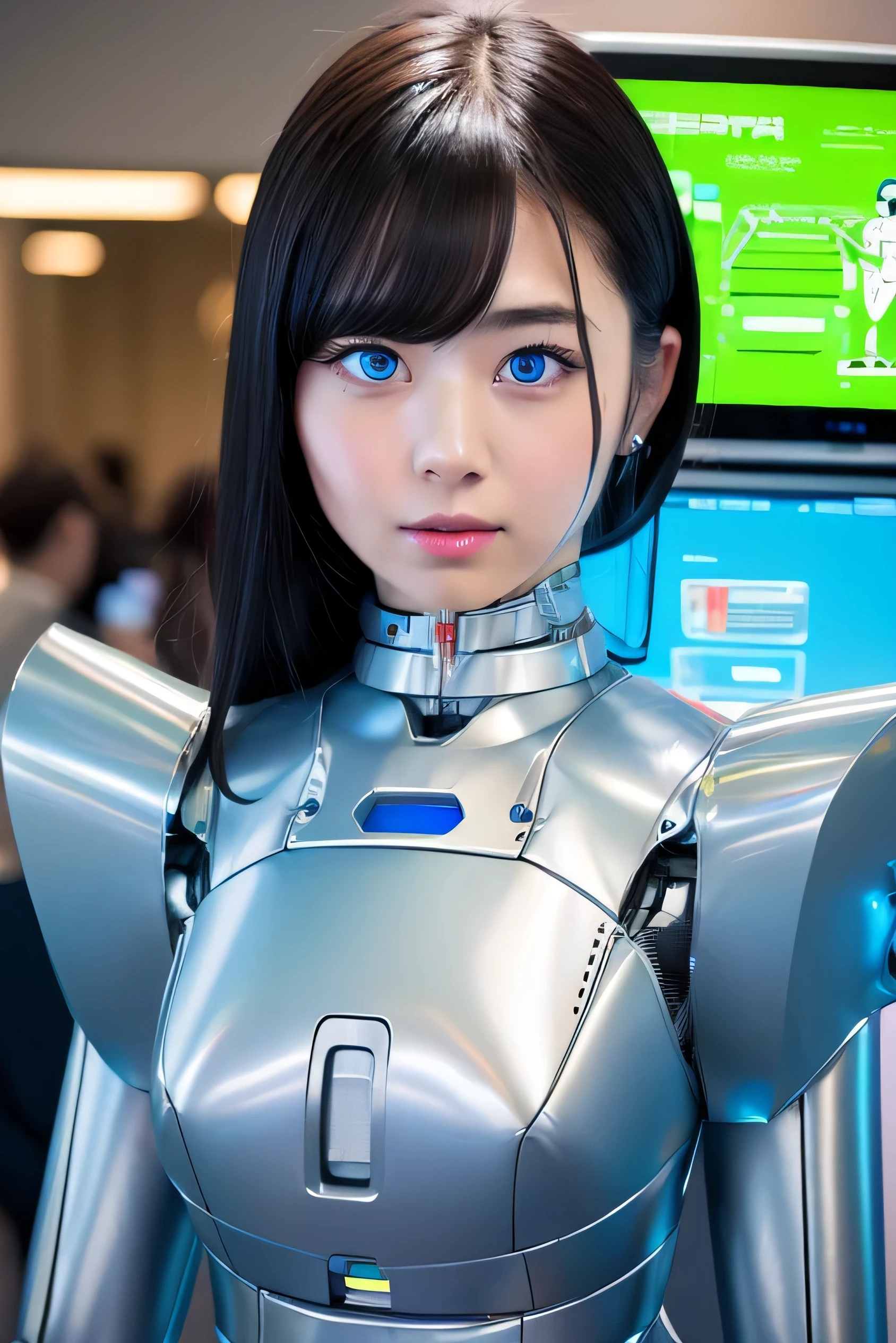 masterpiece, best quality, extremely detailed, Japaese android girl,Plump , control panels,android,Droid,Mechanical Hand, Robot arms and legs, Black Robot Parts,Black hair,Mechanical body,Blunt bangs,White robotics parts,perfect robot girl,future information counter,reception,long tube,thick cable connected her neck,ceramic body ,mechanical body,mechanical costume,android,robot,humanoid,cyborg,information office,japanese android receptionist ,mechanical chest,blue eyes,