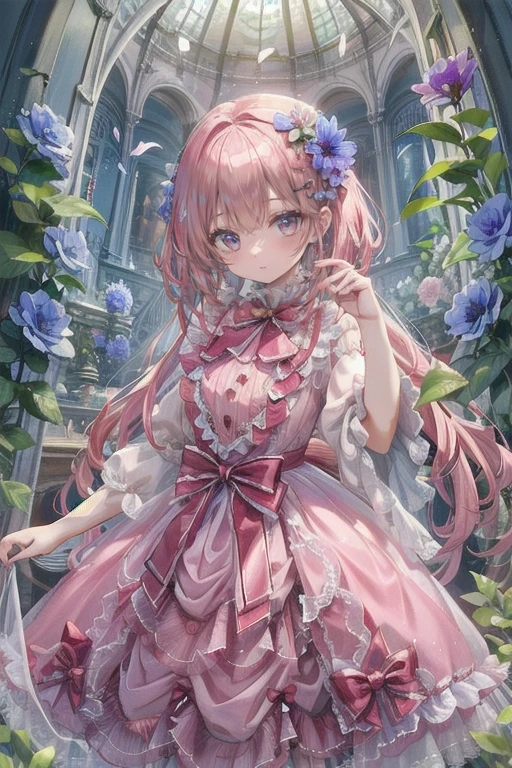 art：Cornflower ,(masterpiece),(Best Quality:1.2),( COMPLETE ANATOMY),( 1 girl), fairy ,Beautifully detailed pink eyes ,Beautiful pink hair,(Pink Dress),( very detailed elegant ),Classic Style, rich colors,born々New texture, Detailed skin, adds a dramatic and iconic element to the scene ,  Written Boundary Depth, Silky to the touch,Dynamic Composite,Delicate texture, stand in a field of green plants and flowers ,Warm lighting, brush strokes 