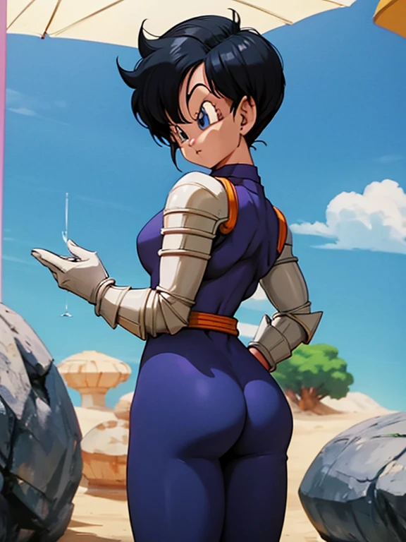 Back view, focus on her ass, saiyan woman, "(Bulma, 1girl, solo, blue eyes, retro artstyle,)";, beautiful face, short black hair, slim body, small breasts, perfect ass, slim waist, wide hips, toned thighs, buttcheeks, blue body tights, white gloves, white Saiyan armor, blue eyes, pale skin, monkey tail, anime art style, dragon ball z armor