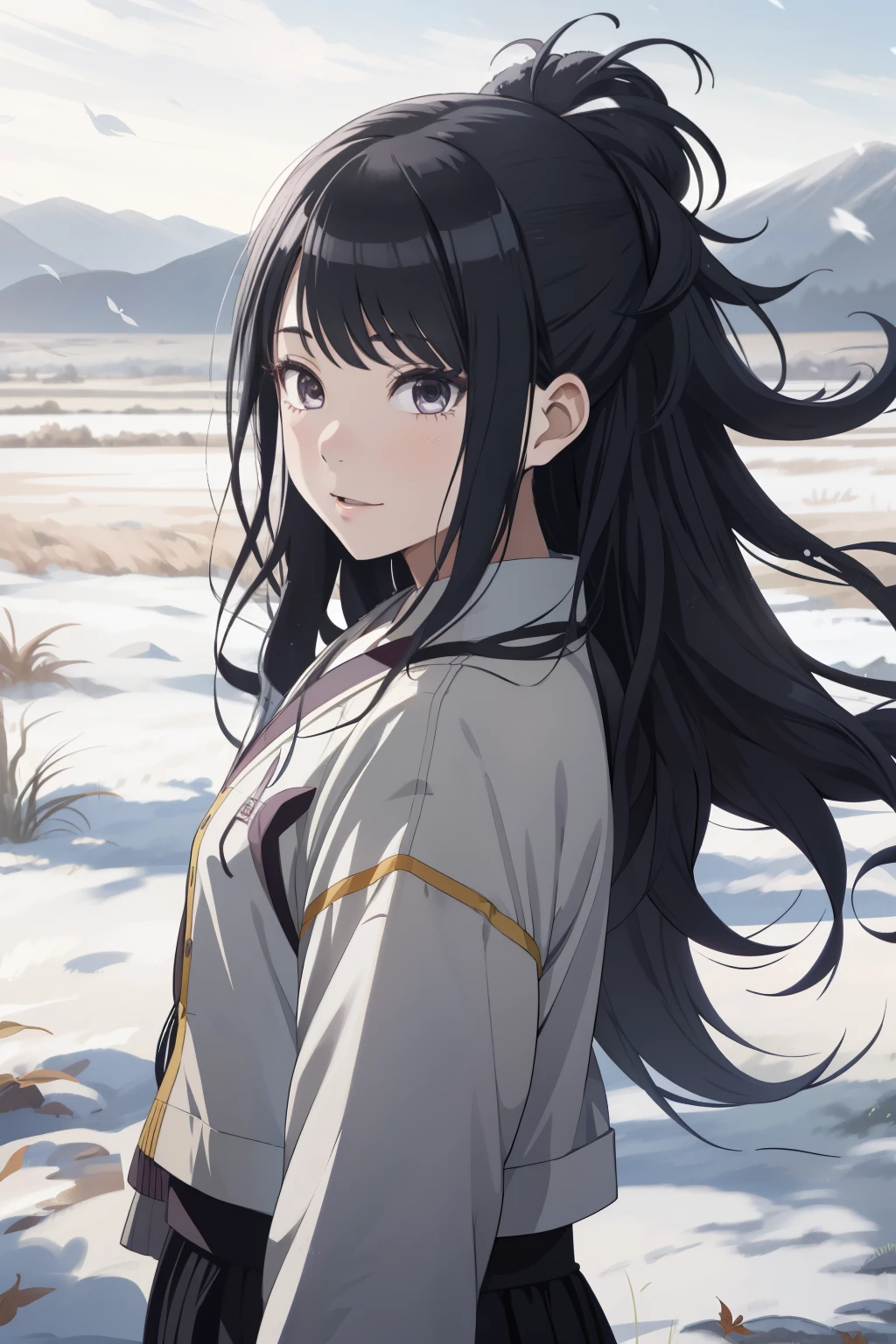 an hiperealistic shot of hinata(shippuden), ((hiori kazano)), idolmaster, Detailed eyes, long hair, ponytail, half updo, hair ornament,, (sweet woman), manwha style, windy day, flowing hair, dry leaf flying, snowing field, ((trully happy))