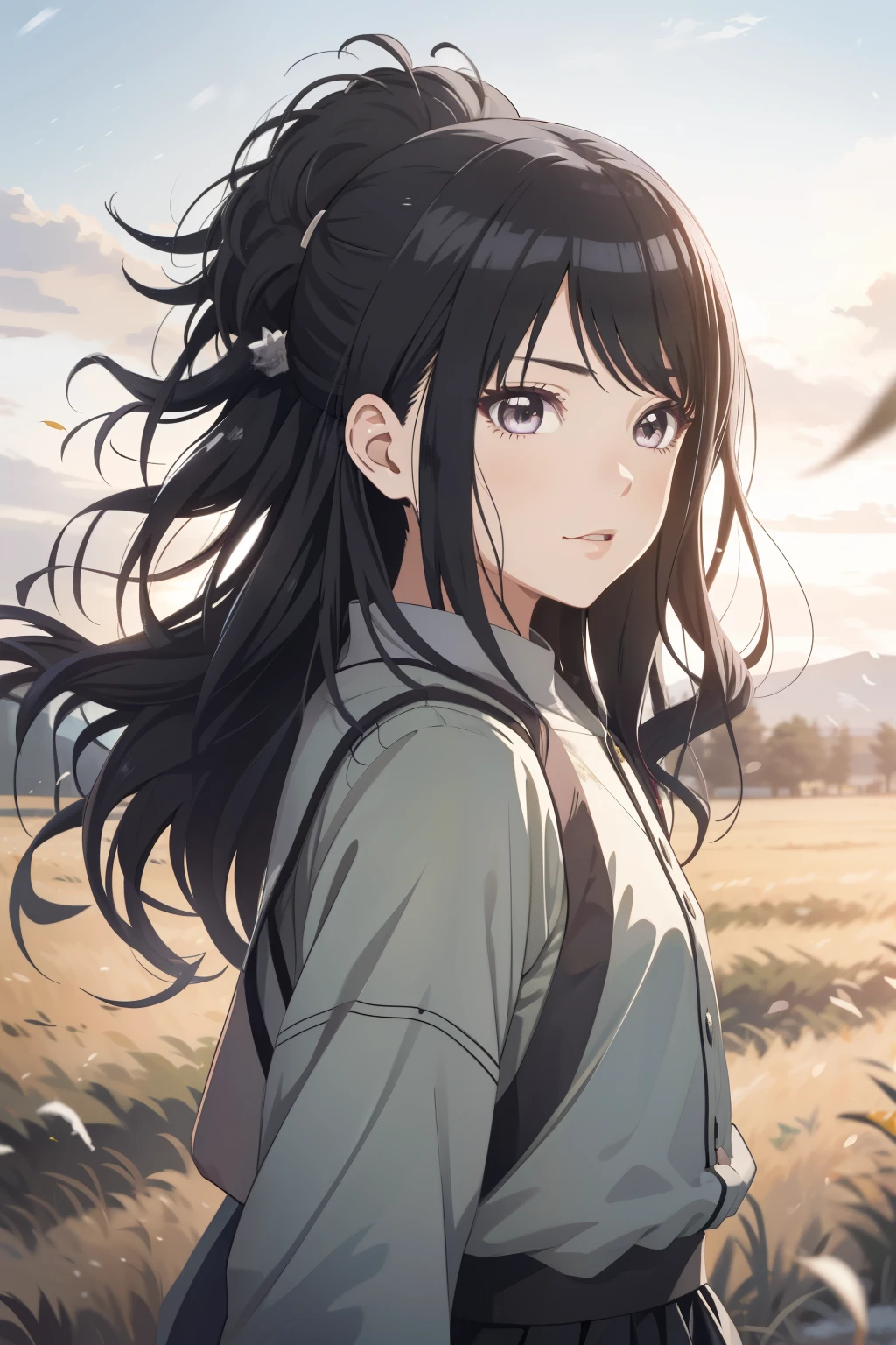 an hiperealistic shot of hinata(shippuden), ((hiori kazano)), idolmaster, Detailed eyes, long hair, ponytail, half updo, hair ornament,, (sweet woman), manwha style, windy day, flowing hair, dry leaf flying, snowing field, ((trully happy))