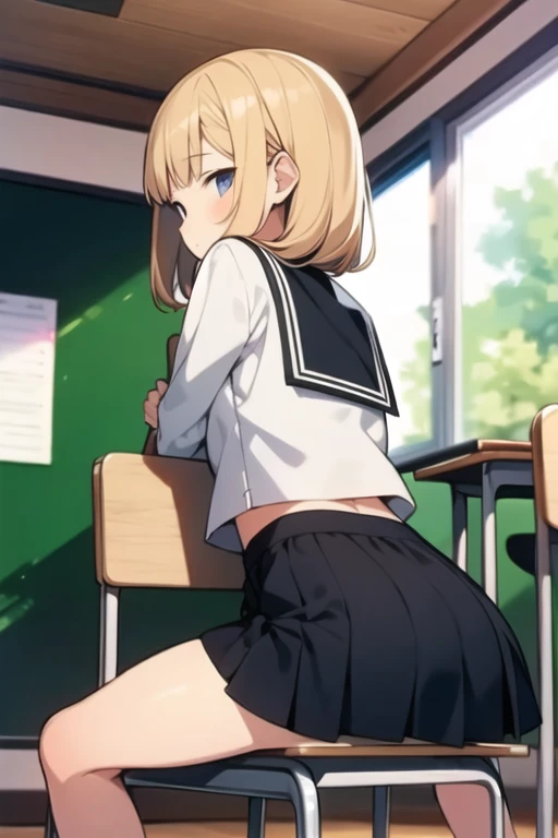  masterpiece， Super Detailed ，Best Quality， from behind, One young girl, Straddling chair, Sailor uniform,  miniskirt, classroom,  looking sideways ，