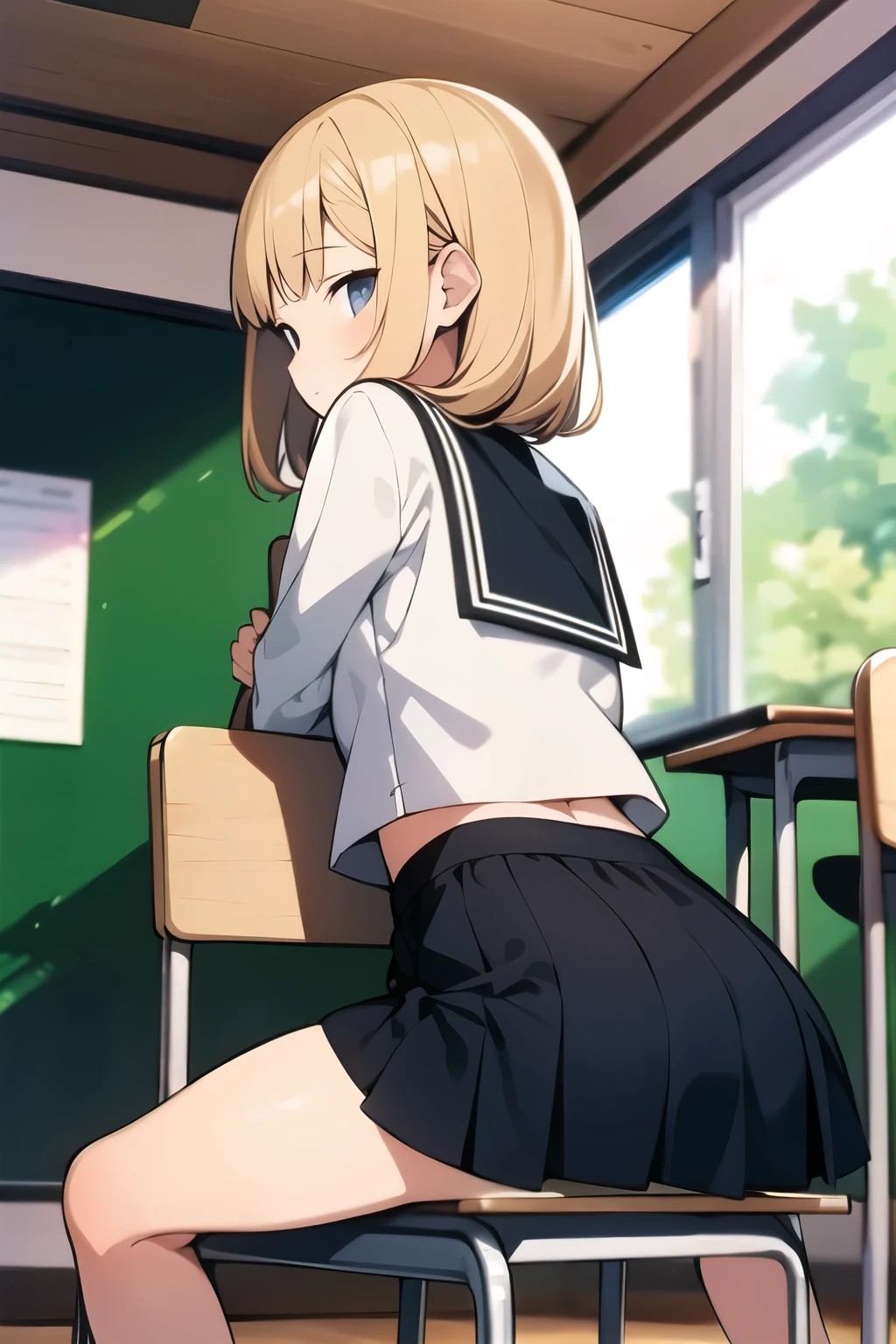  masterpiece， Super Detailed ，Best Quality， from behind, One young girl, Straddling chair, Sailor uniform,  miniskirt, classroom,  looking sideways ，