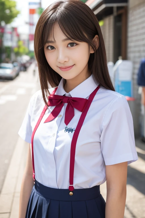      High Quality Masterpiece     , 8k,        Japanese Girls,       RAW photo,  Winner portrait smile face, 笑face, Alone, uniform, Summer Clothes Idol&#39;face, violet, Gardenia,         delicate girl,                            Long Black Hair      , Dark Eyes, Upper body digital SLR, Frank, Sophisticated,  Thin arms,   Perfect for professional writing        ,    chromatic ablation   , (Details of the eye and face: 1.0), (Bokeh button:1.1)