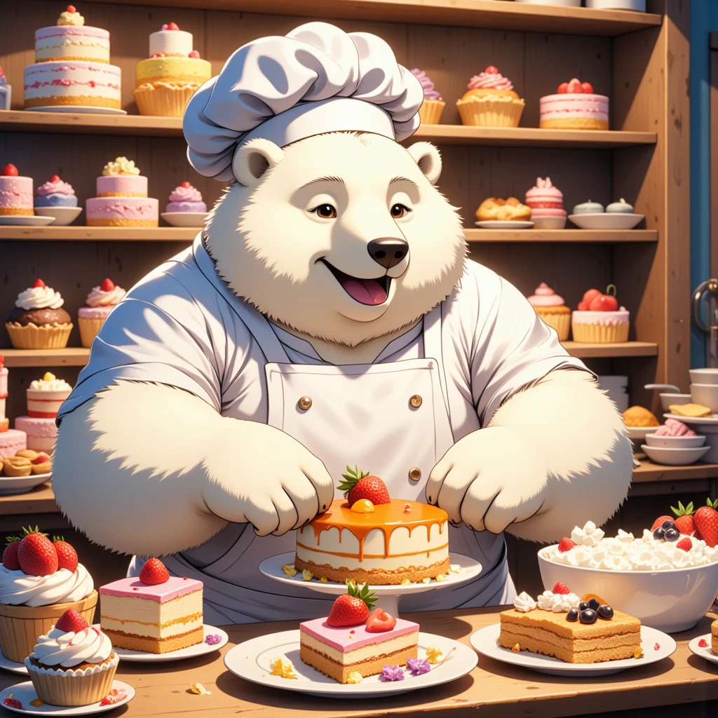 pastry chef, a middle-aged polar bear man, full body in Michelangelo Buonarroti style, housamo style, digital illustration anime, character focus, full body, looking away, dynamic angle, BREAK happy, little smile, chef's hat, costume, boots, cook a cake, a beautiful pastel-colored patisserie, intricate and delicate cakes, delicate floral decorations, perfectly arranged dessert display, assorted fruits, sugar flowers, macarons, cupcakes, tarts, sweet treats, dynamic pose, detailed painting landscape, morning, patisserie, kitchen, kitchen table, indoor, france, BREAK complete anatomy, perfect proportions, beautiful thigh gap, fluffy body, intricate fur details, beautiful fur texture, BREAK detailed polar bear tail, detailed boots, detailed hands, 5fingers, 5fingers nails, BREAK aesthetic anime face, insanity detailed face, male face, big face, square jawline, aesthetic anime eyes, detailed brown eyes, detailed brown cornea, detailed dark brown irises, detailed pupils, male eyes, big eyes, male eyebrows, innocent look, beautiful beard, BREAK masterpiece, official art, best quality, very aesthetic, absurdres, super fine illustration, great quality, BREAK noise reduction, very highres, large filesize, high quality, 32K, 8k wallpaper, dynamic lighting, BREAK insanity detailed, ultra detailed, intricate details, extremely detailed, detailed texture, an extremely delicate and beautiful, full color, HDR, BREAK e621 illustration, osukemo, kemohomo, anthropomorphic, furry, cartoon, harmonious, pastoral, virtuous