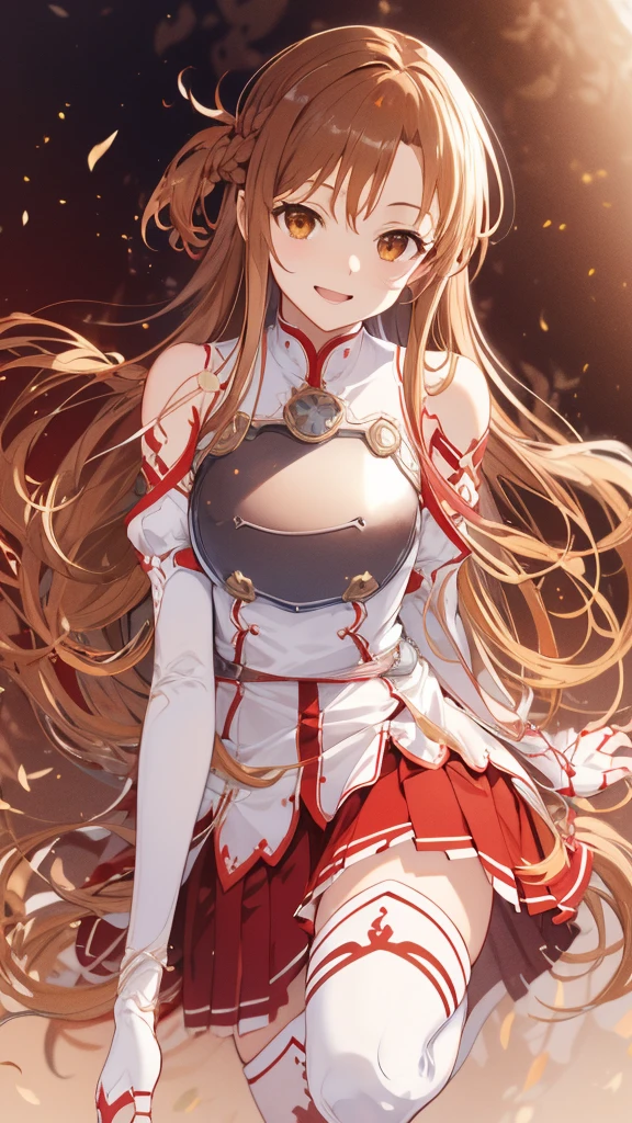 masterpiece, Best Quality,  high resolution on down, aaasuna, Long Hair, Brown Hair,  braided ,  Brown Eyes ,  Bare Shoulders, armor, breastplate, White sleeves,  separated sleeve,  red skirt ,  pleated skirt to expand panties,  white thigh high socks , Wavy, smile,  lean forward,  open your mouth , town,  fantasy