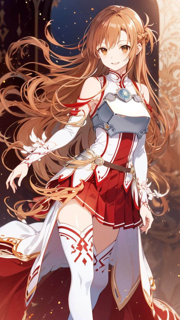 masterpiece, Best Quality,  high resolution on down, aaasuna, Long Hair, Brown Hair,  braided ,  Brown Eyes ,  Bare Shoulders, armor, breastplate, White sleeves,  separated sleeve,  red skirt ,  pleated skirt to expand panties,  white thigh high socks , Wavy, smile,  lean forward,  open your mouth , town,  fantasy