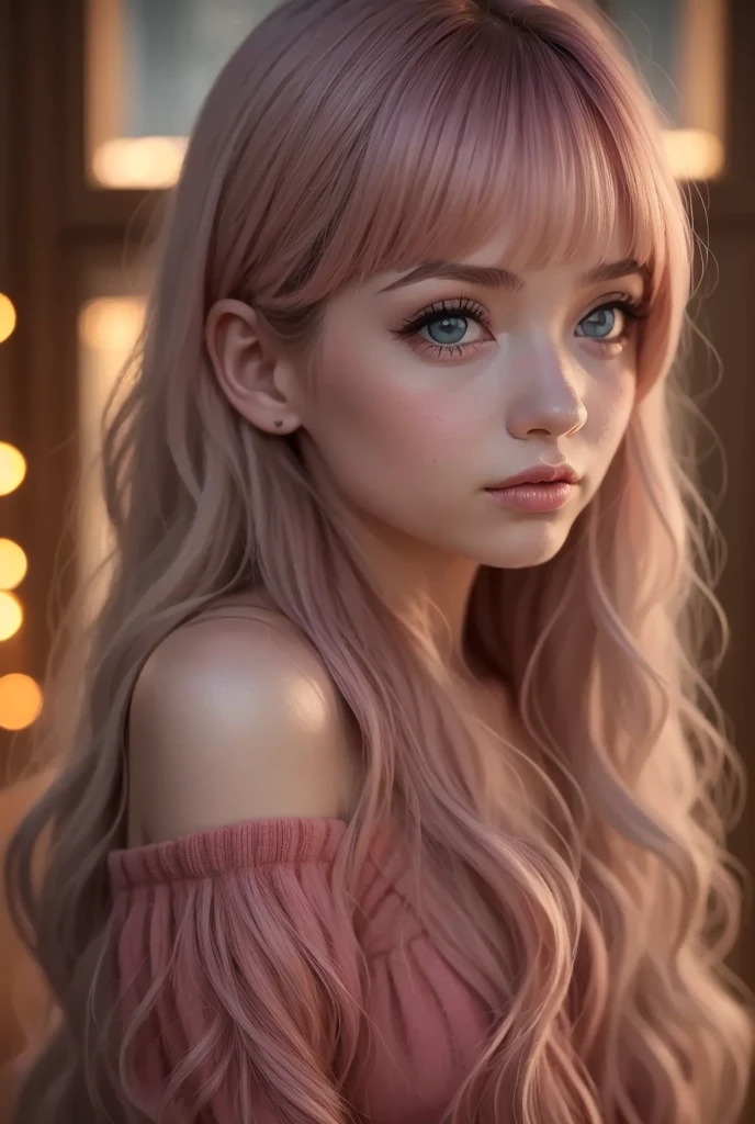 (masterpiece, Best Quality, Realistic) 1 teenage girl、、Shining Eyes、gem、 plump lips 、 Long Brown Wavy Hair  ,  photorealistic,  perfect face, Front View,Light grey eyes、Thick eyelashes ,lips , real skin, Pink medium length wavy hair with bangs,  high neck、 off-the-shoulder sweater、Indoor Settings, White Room Background, Natural Light, Soft Shadows,  Cozy Relaxed Atmosphere 