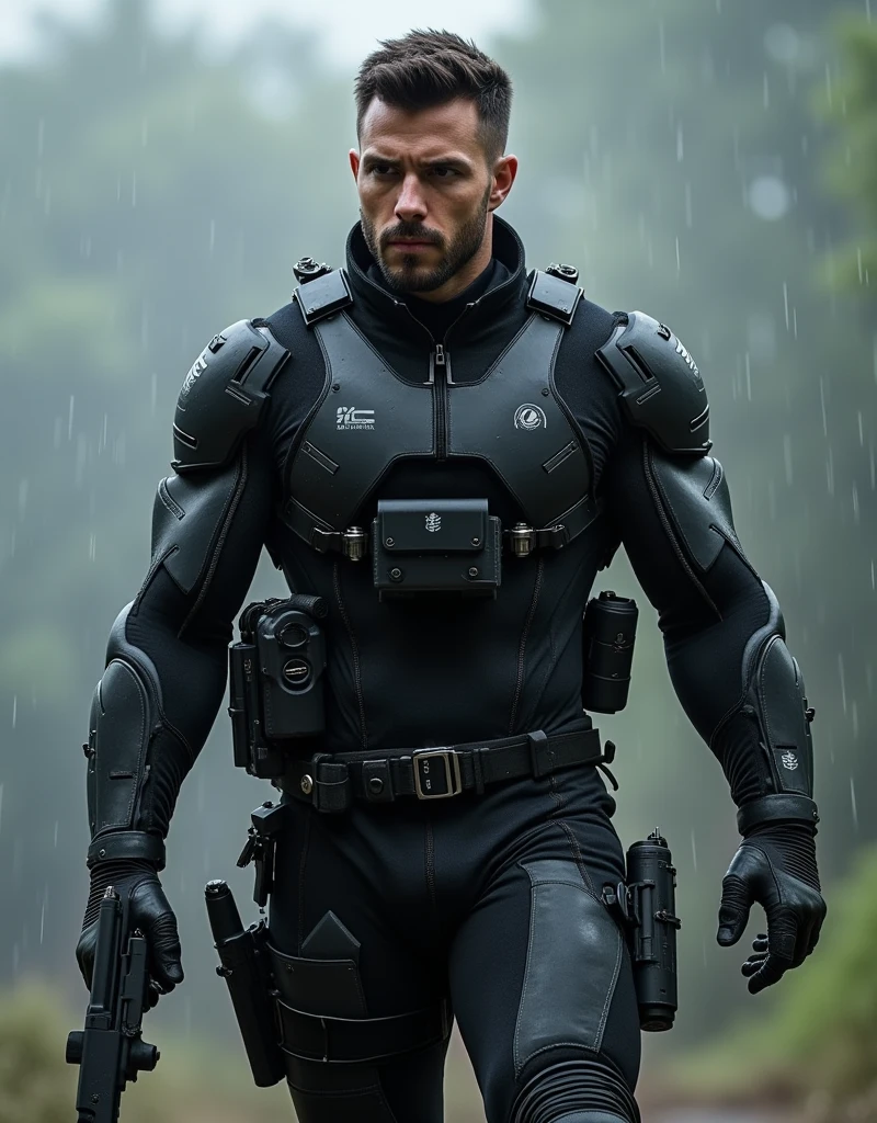 (masterpiece:1.2, Exceptional Quality, Mirror-like, Cinematic Experience, Best illustrations:2.0), Ultra-high resolution, Very detailed, 8k, wallpaper, (Super sexy man:0.5), (Super muscular:2.0), (Nicholas Alexander Chavez:2.0), (muscle male space soldier:2.0), (Muscular hairy Chest:2.0), (Elegant body:2.0), (Beautiful Eyes, Shining eyes, Detailed face, small beard, Beautiful skin texture:1.3, short undercut haircut:1.3), (Beautiful male hands:2.0), (Fine hand:2.0), (Hold an advanced Pistol.:2.0), (combat Stance, looking at camera:2.0), (He is wearing a form-fitting, black tactical suit.:2.0), (On a rainy battle field:2.0), (Super sexy:2.0), (Very muscular thighs:2.0), (Super functional:2.0), (Cyberpunk:2.0), (SF:2.0), (Visual Effects:2.0), (full body shot:2.0), (dynamic:2.0), (Serious:2.0)