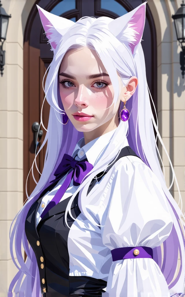 animemanga girl, purple cat ears , long whitr hair, Beautiful outfit , guvez style , 4K resolution , cgstation pop , Beautiful outfit , Seductive girl , Attractive, genshin keru , style of anime, 8 thousand, antique building {x} Beautiful anime woman, Girl Front .