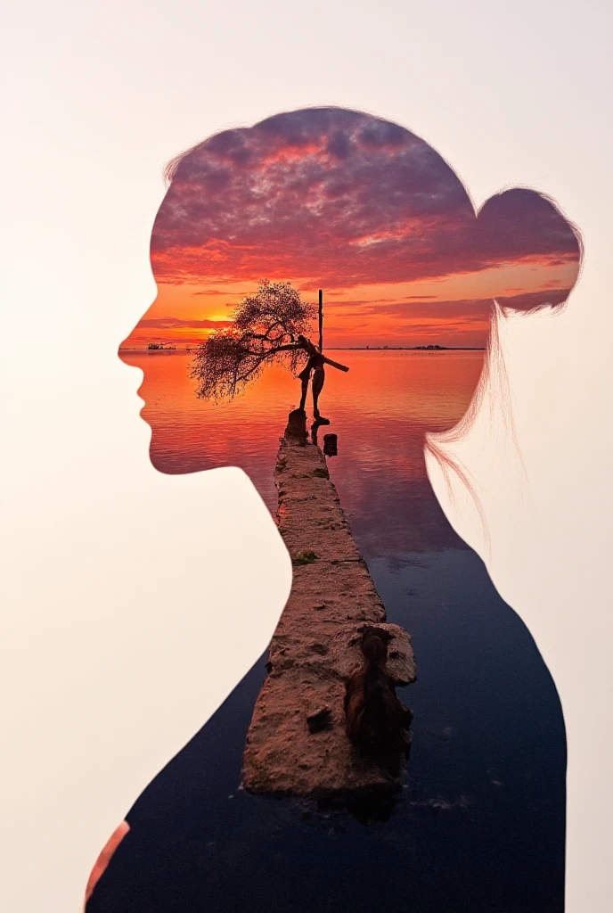 high qulity，8k ultra high definition，美丽的Doubleexposure，Combining the silhouette of the goddess with the sunset coast，Sunset coast should be used as the bottom background，Details are integrated into the silhouette of the goddess，Clear lines，The background is monochrome，Focus sharp，Doubleexposure，Created by yukisakura，Gorgeous full color