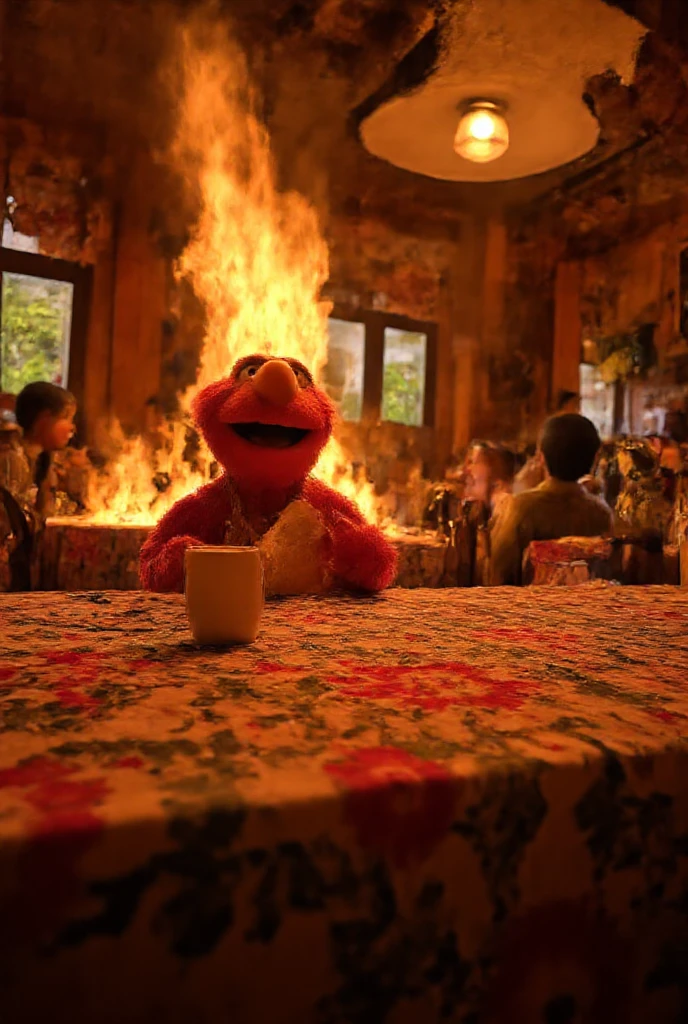 (tmasterpiece, Best, 2-dimensional illustration, 2-dimensional, Art site selection),(1 Elmo muppet, muppet, Elmo, Red fur:1.1), sitting behind a table, Elmo as a programmer,  soft round yellow , There are many errors on the computer screen, Mac Pro computers, (Everything is on fire, A coffee cup caught fire,The room was on fire, Background confusion,  smoke gathers on the ceiling ,Huge flames:1.2), Elmo is holding his flaming coffee cup with two hands, (hairy arms:1.3)