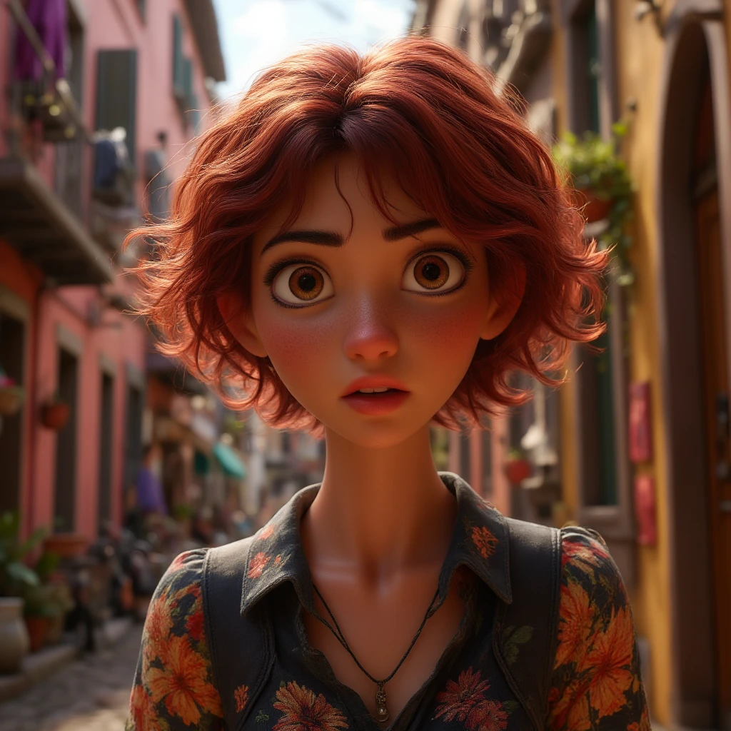 beautiful girl, half body portrait, short bright red disheveled hair, black eyeshadow, (street style wear:1.2), (city background:1.2), dark makeup, digital art, trending on artstation, highly detailed, fine detail, intricate,  beautiful detailed glow, detailed, Cinematic light, highres, detailed facial features,sharp focus, ooth, aesthetic,