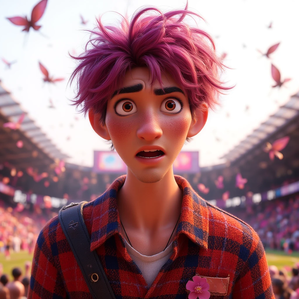 duskspider, illustration, 1boy, male focus, Hideto Mastumoto, hide from X-japan, japanese rock star, the pink spider, bokeh, brown_eyes, closed_mouth, cosplay_photo, depth_of_field, figure, film_grain, focused, jacket, looking_at_viewer, plaid, plaid_shirt, spiked_hair, stadium, unconventional_media, white_background, eyeliner, brown eyes, PINK HAIR, solo, looking_at_viewer, emotional, highly detailed, wide shot,art by artgerm,