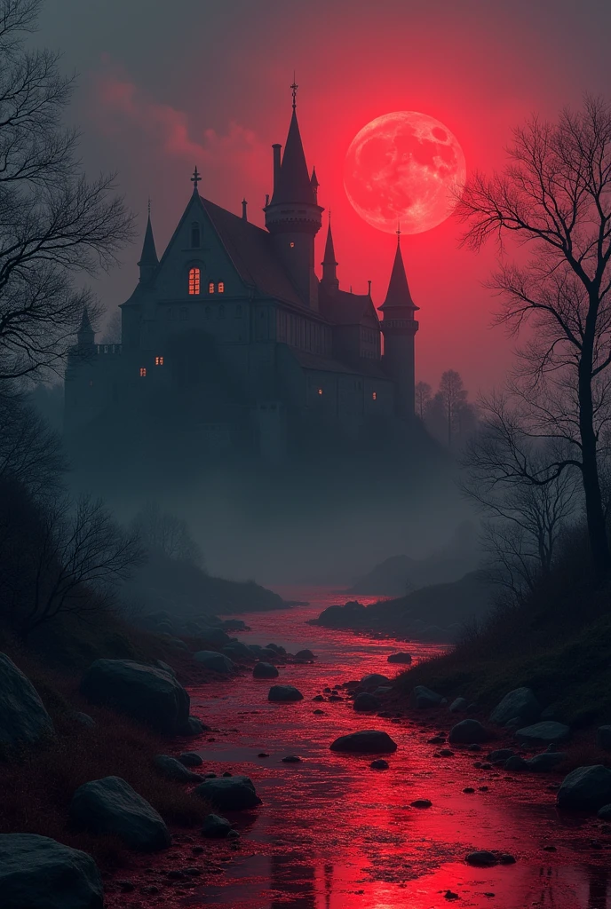 (ultra detailed), (ultra realistic), RAW photo, photorealistic, 8k, high res,lora:add_detail:0.8>, ( dark and gloomy) ,Blood red moon in background, dark thick fog, heavy rain, puddles of blood, lightning and fire, blood rain, clouds shaped like broken hearts, old decrepit castle , background corpses scattered on the ground, background evil souls rising from the ground,