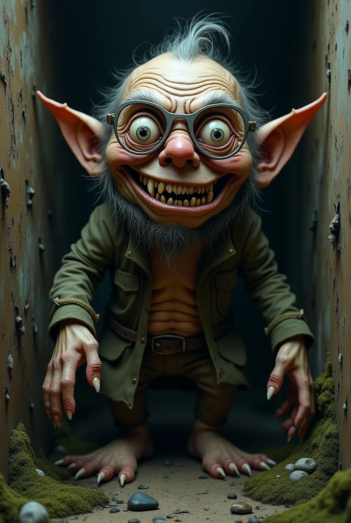 Ugly dwarf who looks like gollum on a compactor with a big nose 