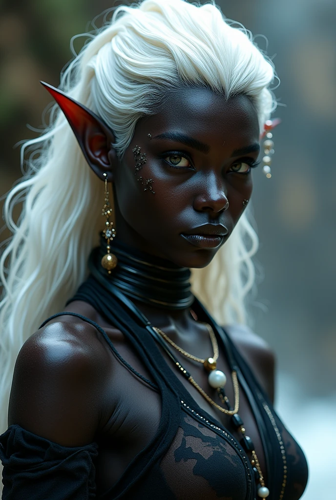 ((best quality)), ((masterpiece)),((detailed)), drow, dark elf, woman with white hair, red pupils, very dark skin, dark skin, black skin, very black skin, focus on face, eighteen years old, sexy, sensual, long legs, athletic body, well-toned body, skinny body, fullbody, large breasts, skinny thighs, medium hair, long eyelashes, elf ears, black colored skin, sunny medieval town, medieval town, medieval setting, medieval town, town street, medieval people in the back, (((hands tied behind back))), hidden hands, invisible hands, blushing girl, sweat on the body, standing, ashamed face, embarassed, (((embarassed face))), blush, blushing face, ((metal slave collars with chain leash)), ((collars)), humiliated, humiliation, public humiliation, slavery, slave, slavegirl, in slavemarket, slavemarket, frontal, no clothes, no panties, no bra, naked, ((naked woman)), ((nude)), ((arms behind back)) , sweat on body, wet body