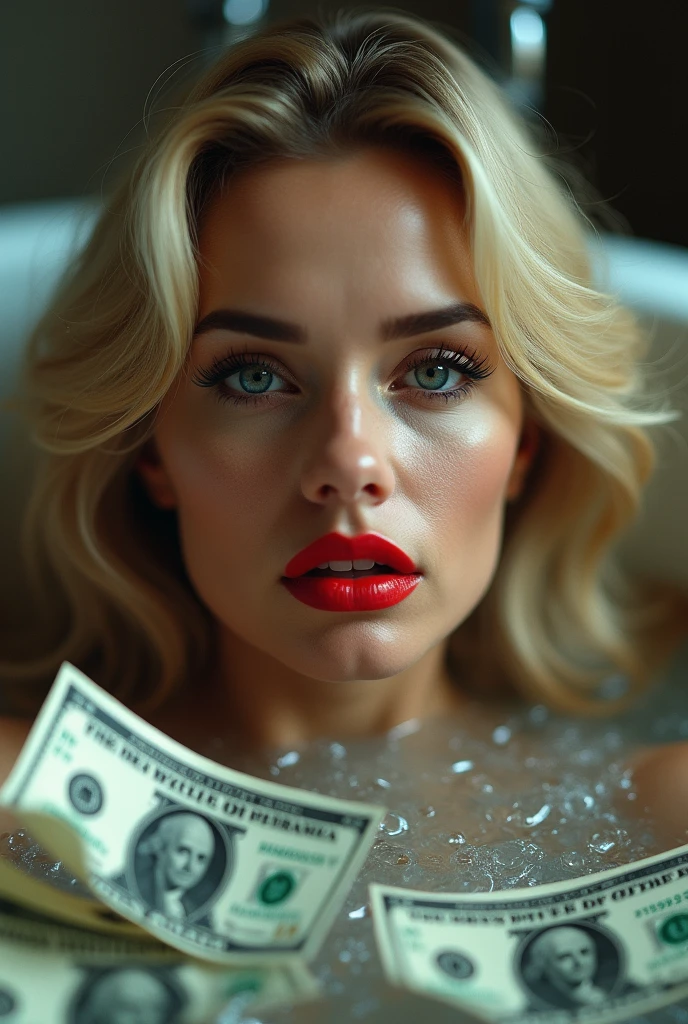 A sultry blonde bombshell reclines in a sumptuous full-body tub, surrounded by a mountain of crisp green dollar bills. Her piercing gaze gleams with mischievous intent as she flaunts a wicked grin, her porcelain skin glowing under the soft, golden lighting. Water ripples gently around her curves, creating a mesmerizing visual feast.