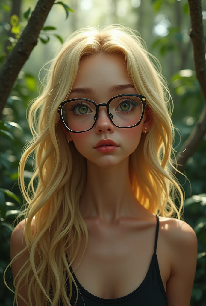 can you generate me an image of a teenage girl with blond hair with excess sebum, big square glasses rounded on the side and wipes on the glasses, a unibrow, a big nose, a beauty spot on the right lip and with lots of stinky boogers, naked ,full Body