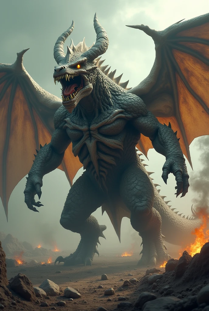 A colossal dragon king descending from the sky, roaring with fury and wrath, its scales glistening ominously under a stormy sky, sharp claws extended, wings wide and menacing. The dragon's face is twisted in anger, eyes glowing with a fierce, intense light. Dark clouds swirl around it, with bolts of lightning illuminating the scene, casting an eerie glow on the dragon's monstrous form. Below, the ground trembles as the dragon's shadow covers it, emphasizing the sheer power and terror of its descent cinematic, highly detailed, epic fantasy art