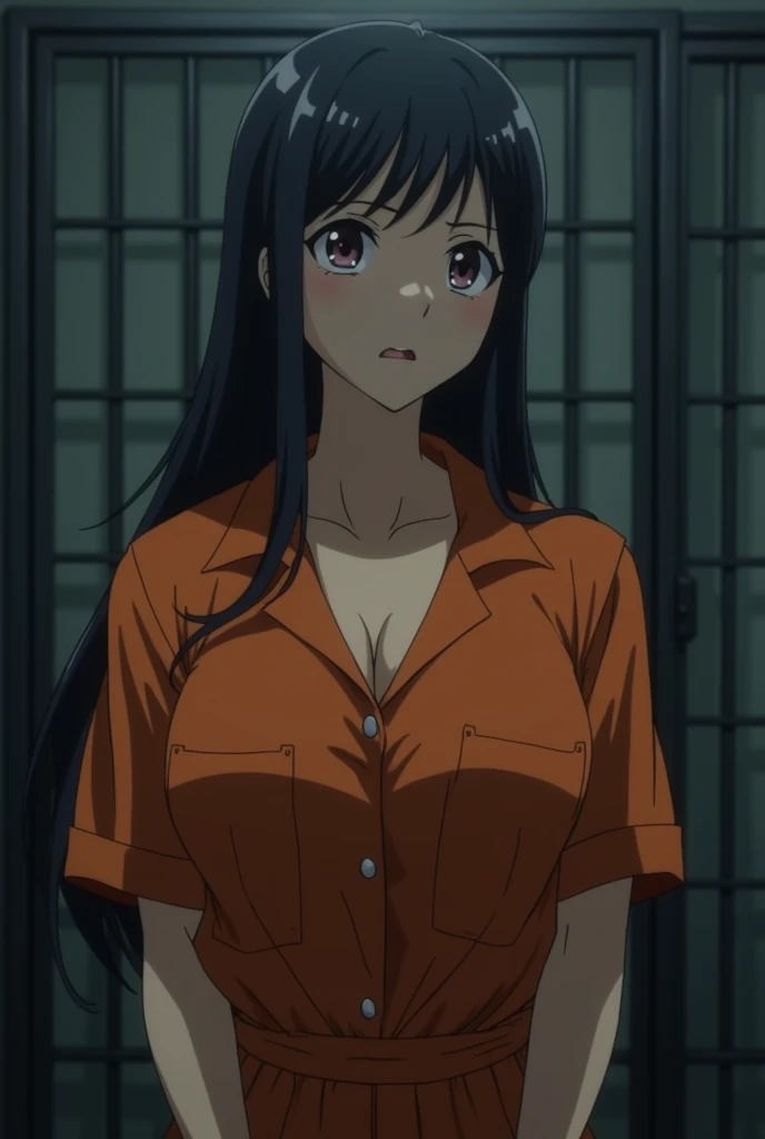 1girl, solo, <lora:nicrobprets-08:1.0>, nicrobprets, large breasts, long hair, black hair,  (looking at viewer:1.5), dark room, prison cell, cinematic, bokeh, (wariza:1.3), frown, blushing, jail, inmate, chains, cuffs, arms up, <lora:priclothes:0.7> priclothes, striped clothes, short dress, bare shoulder