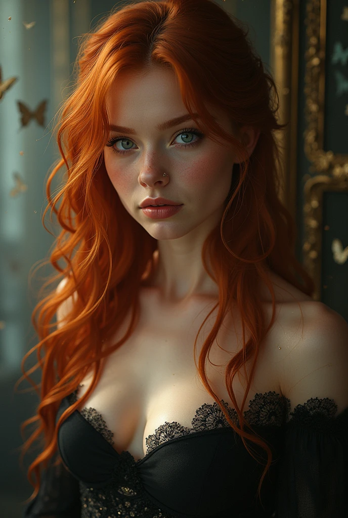 (solo, full body photo:1.3), (action packed:1.3), (haze, fog, mist:1.3), chiaroscuro, best quality, photorealistic, 1woman, (cute), (24yo:1.2), redhead, long ginger hair highly detailed, 1700'S, digital photography, art by artgerm and ruan jia and greg rutkowski surreal painting gold butterfly filigree, broken glass, (masterpiece, sidelighting, finely detailed Fashionable eyes: 1.2) (perfect oval large eyes that gazes at the viewer), beautiful detailed face, blue gorgeous perfect eyes, (blonde hair ponytail), (attractive young woman:1.3), (thick amazing hair), (seductive:1.1), (blushing:1.1)
