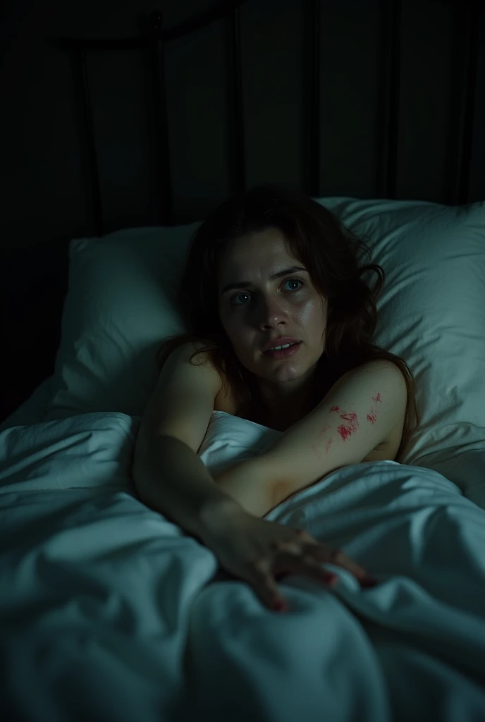 Create an image of a female figure in a hospital setting. The scene should include:A hospital room with medical equipment and a bed.A woman sitting on the hospital bed with a distressed and pained expression.She should have visible injuries, such as a cut on her face and a small amount of blood around her mouth.The atmosphere should convey a sense of seriousness and concern without being overly graphic or explicit.Ensure the image is handled with sensitivity and respect for the gravity of the situation