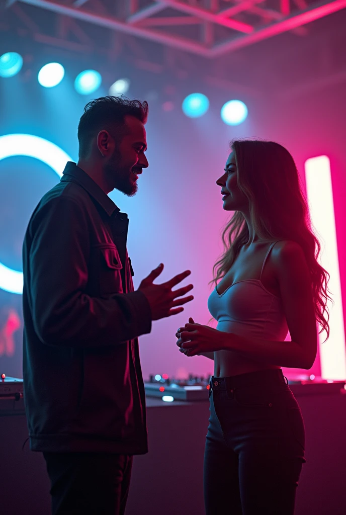 where the background is the image of a nightclub. A slim and cute girl, next to a short, churco, thin, dark-skinned man , but staring straight ahead at the camera and stretching out his hands in invitation to a third person