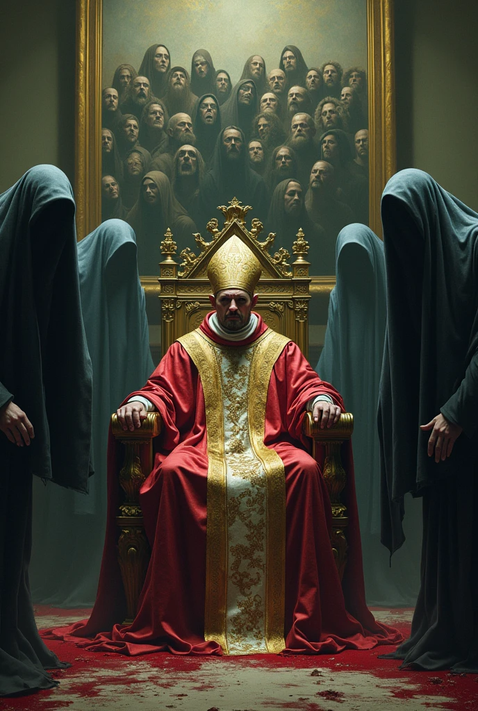 A church that is a circus tent. God is dressed as a rich clown, the Devil is a beautiful horned seductive woman with curves. The Pope is dressed as a clown. The audience are puppets. Jugglers, naked fat busty women breastfeeding adult men, prostitutes on their knees sucking the priests' penis