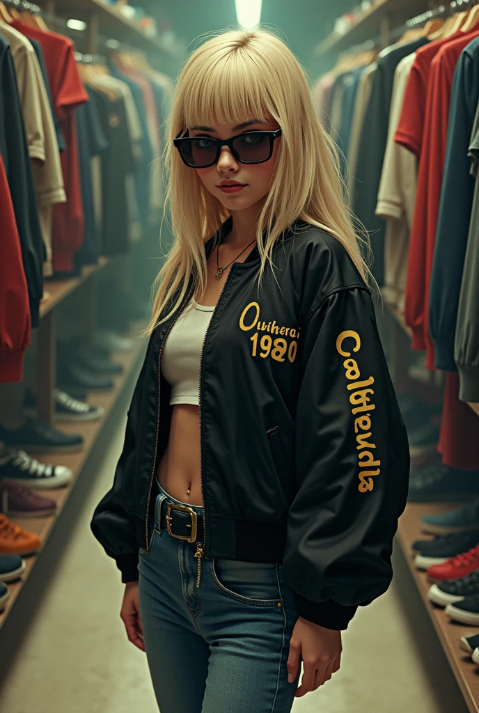 A white girl with sun glasses, blond curly hair, red lips, red shirt, big , white furry &fluffy jacket, with blue jeans, big ass, yellow cap in the middle a logo of etherium, silver necklace with the logo of etherium, golden hoop earring, beatiful young 20 year old.