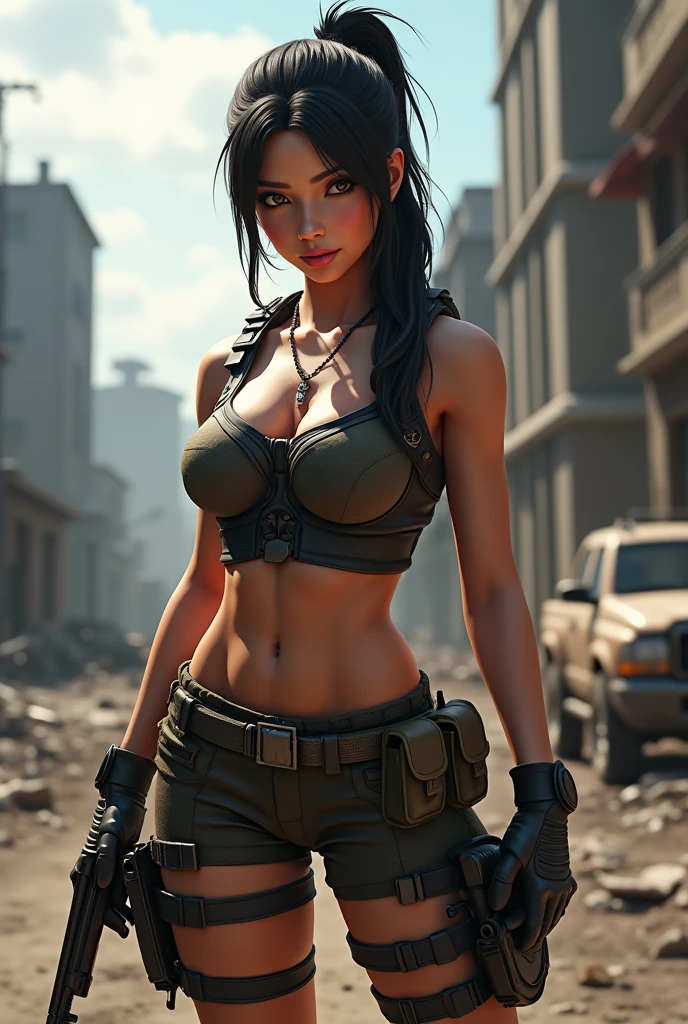 standing, facing forward, beautiful mixed asian and Brazilian woman in her 20s, black hair, stylish and sexy, smooth skin, scared and hopeless expression, isometric details, amazingly realistic photos, grey eyes, worn dirty clothing, apocalypse vibes