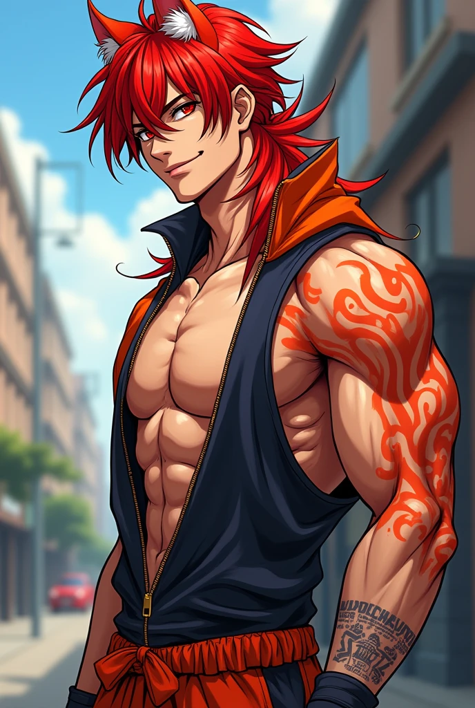 masterpiece, best quality, (((1 male))), adult, tall muscular, handsome, finely detailed eyes, intricate details, short hair, red hair, brown eyes, shirtless, ((black sweatpants)), background is living room, sitting down, sitting on couch, bulge, (seductive), tattoo sleeves on arms, tattoos, smirking, abs, detailed eyes and detailed face, (arms covered in tattoos), piercings, messy hair, muscular, big pectorals, punk, best light and shadow