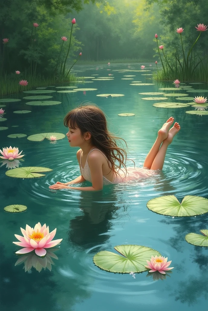 a little thumbelina girl in a white airy dress sits on a huge water lily on a pond, a picture from a lower angle