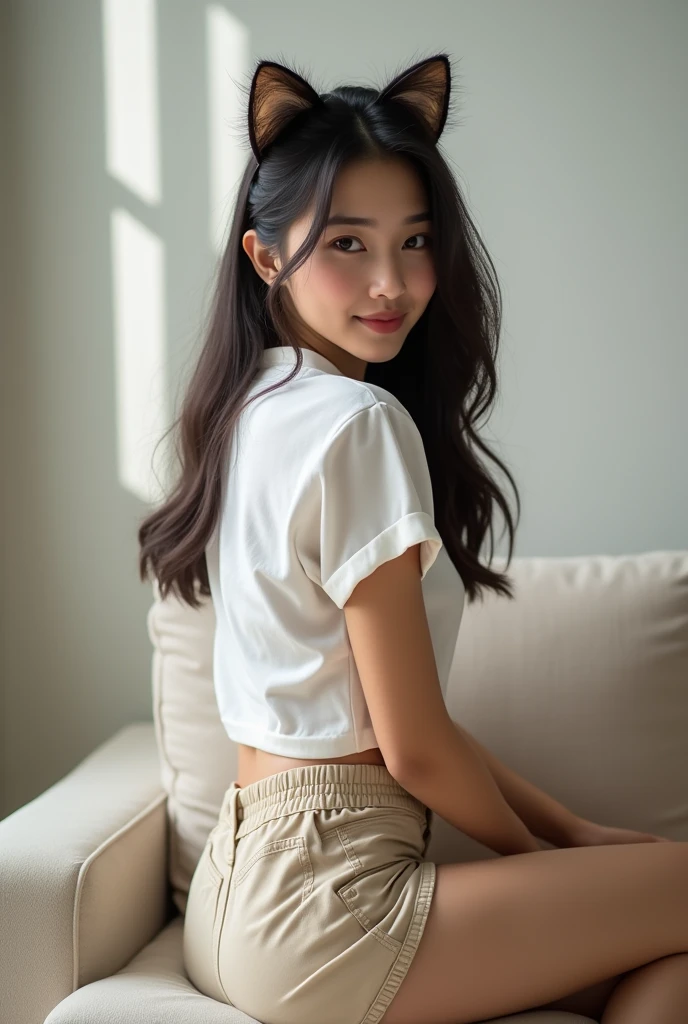 A beautiful 14yo girl, South east Asian like, White shirt and shorts, taking selfies,