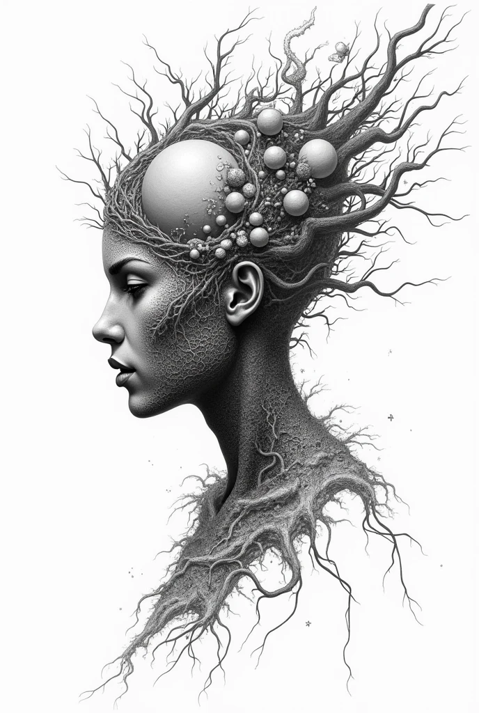 A monochrome ballpoint pen drawing that is unique and captivating, exuding a strong artistic presence. Fine, intricate lines and cross-hatching techniques create a complex and mesmerizing composition. Organic, abstract shapes blend with geometric patterns, drawing the viewer’s gaze deeper into the artwork. The lines flow irregularly, weaving together delicate forms with rough, textured strokes, producing a sense of tension and movement throughout the piece. Subtle shading and carefully placed details give depth, while the minimalist background emphasizes the central elements. The composition features surreal elements—human figures, animals, or plants—fused in unexpected ways, creating a dreamlike or mysterious atmosphere. The artwork invites multiple interpretations, leaving the viewer to ponder its deeper meaning, while its delicate craftsmanship and unique aesthetic hold their attention