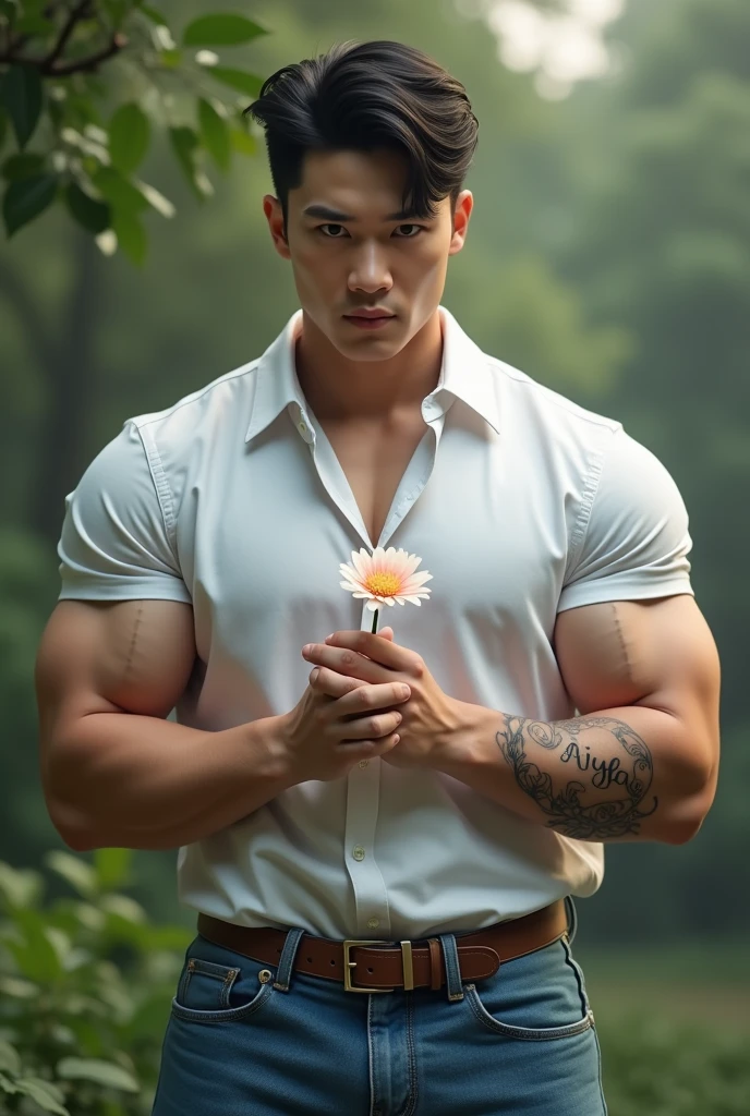 (Ultra current),Detailed current,A handsome Asian muscular young man, Guardians of the Forest, godly presence, young god, 18yr old, care for plants, The beautiful, Smooth dark brown hair, Detailed eyes, largeeyes, green-eyed, Warm and flexible ssmile, large muscle, Wear a loincloth, big Convex, Convex, current, tmasterpiece, Best quality at best, Perfect lighting, Perfect hands, , hairy bodies, Abdominal hair, Armpit hairy, Chest hair, (, current skin, Olive skin), Blackening, Outdoor activities, Dark Enchanted Forest, glowworm, bioluminescent mushrooms,(8K resolution),Physical Education Student,cool guy,chest muscle,brush cut,largeeyes Meiryo Arikami,((ssmile)),standing naturally,Holding a bunch of wild flowers in hand,sitting on the stone