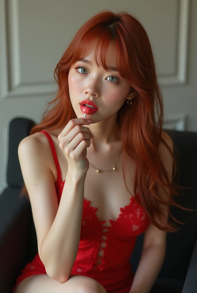 (Ahegao) RED Girl,Wear red lingerie,bright red lips,Detailed eyes and face,Long loose red hair,standing in a dark room,Soft lighting,vivid colors,Artistic portrait,High resolution. (SNFW)