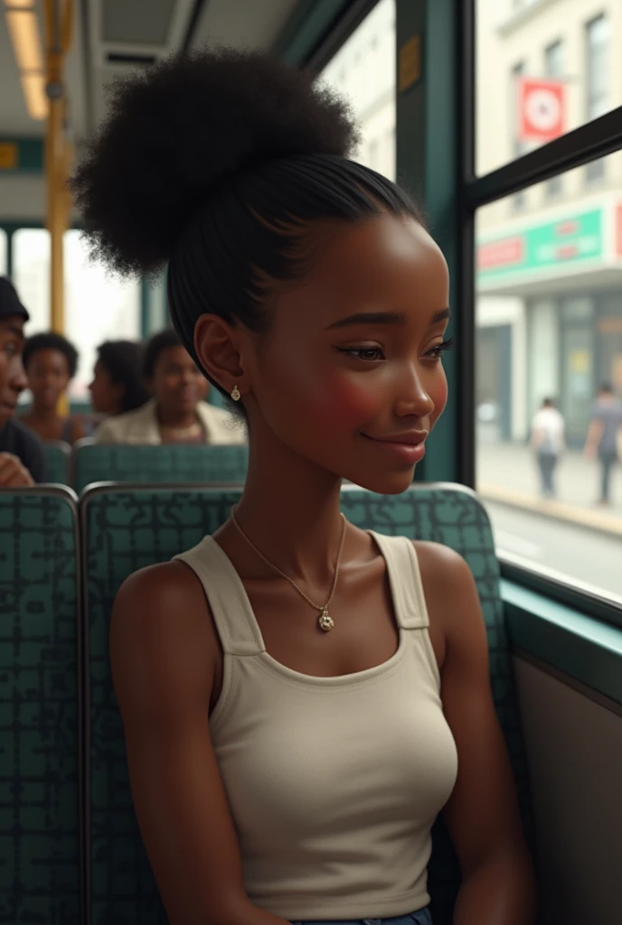 a black woman, sleeping with her mouth open, sleeping on the bus, beautiful face, wavy hair, brown skin, made up eyelids, dressed in a sexy way