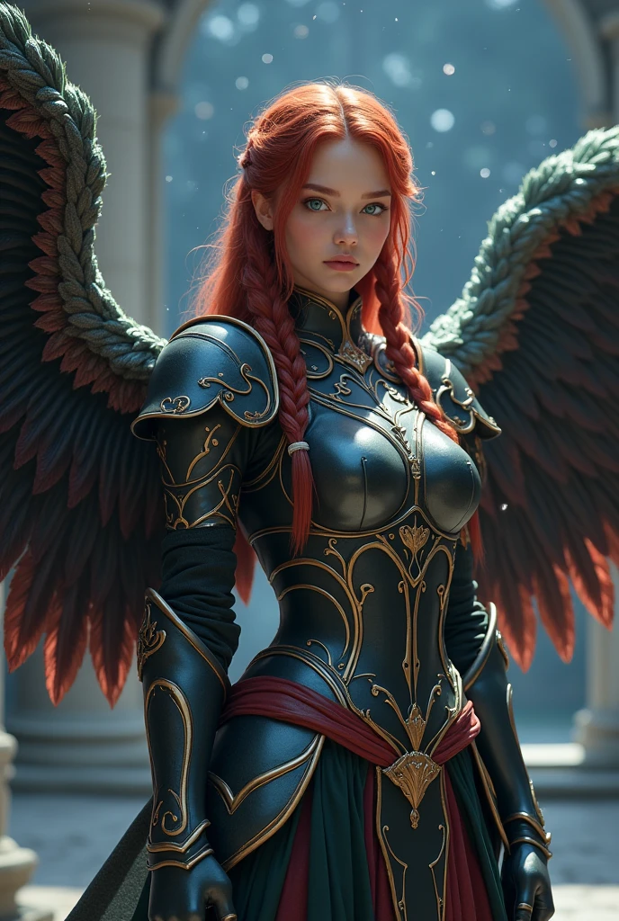 best quality,ultra-detailed,(realistic:1.37),Erza Scarlet,red hair,green eyes,serious expression,beautiful detailed eyes,beautiful detailed lips,longeyelashes,fairy tail,guild mark,red armor,swordswoman,magic user,dragon slayer,Starry Sky Armor,scarlet color palette,strong and confident,medieval fantasy,fierce battle scene,dynamic pose,fiery background,captivating art style,vivid colors,strong lighting,bokeh