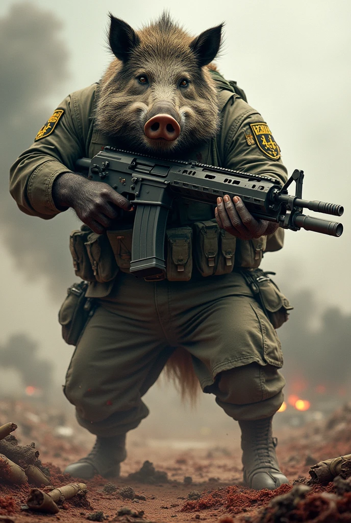 Create a standing wild boar , he's very strong and ferocious , holding a machine gun in your hand wearing an army uniform all stained with blood on a battlefield