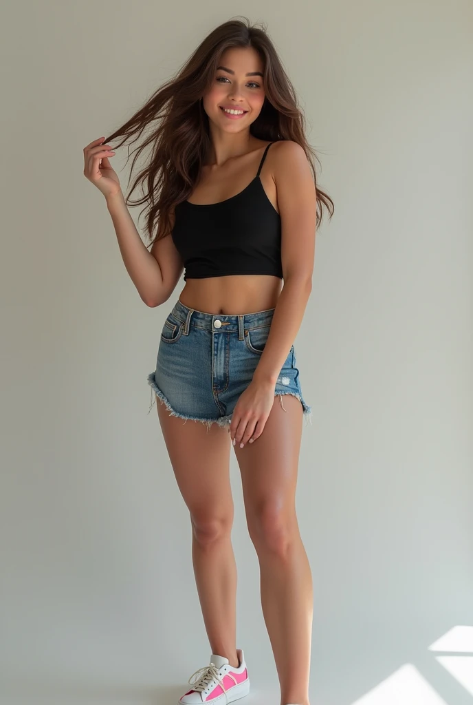beautiful latina young women, brown eyes, full body, face details, eyes details, wearing crop top, little school skirt, big breast, straight black hair, outdoor in front of a grey wall, stand up, full body view, soft lighting, wearing sneakers, realistic, warm colors, generous bodies formes