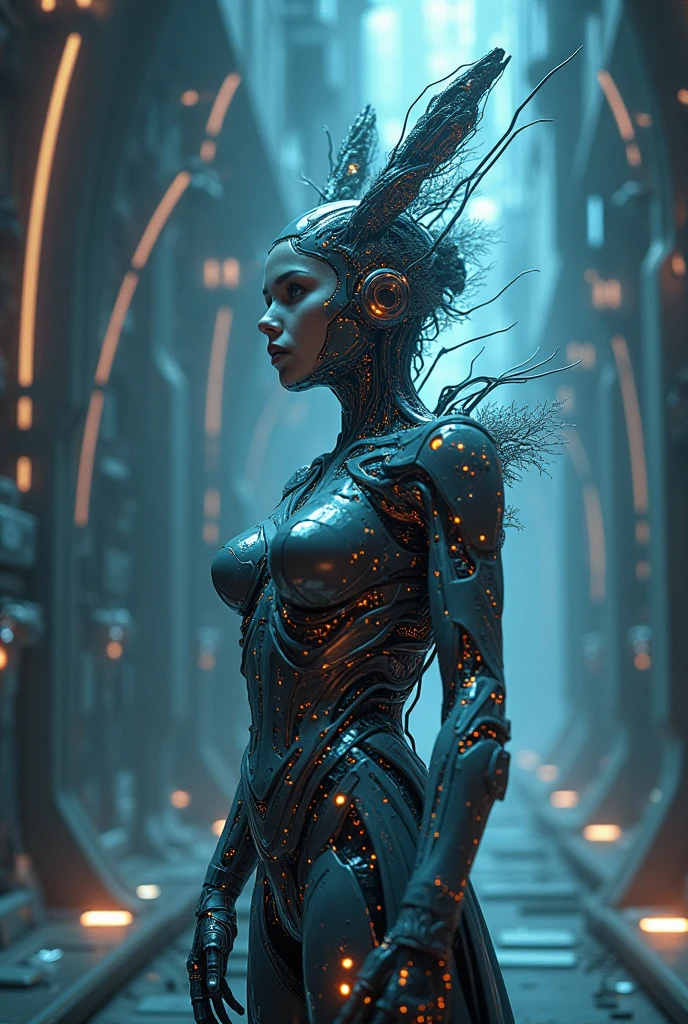 A disfigured woman mutant robot entity beautiful skin